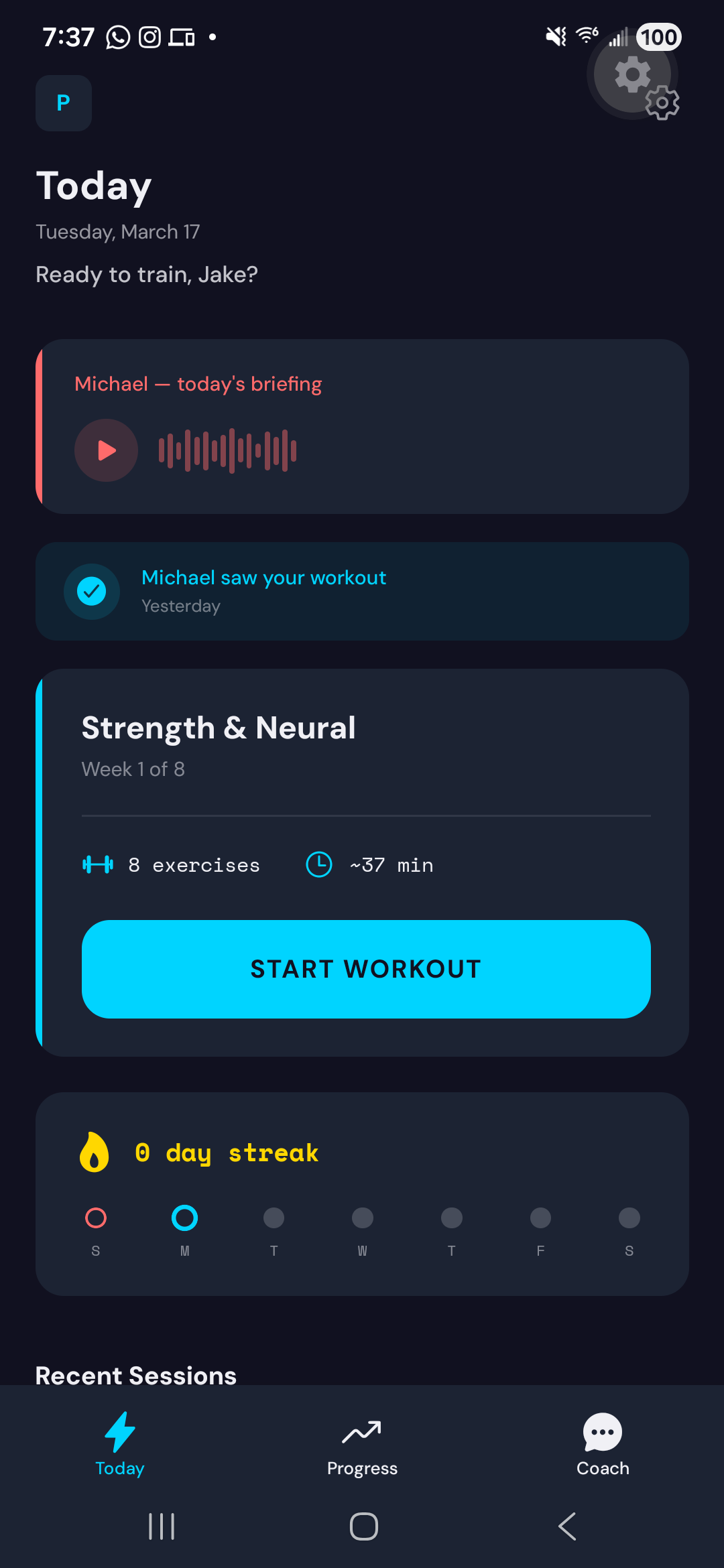Plyo Today screen — Michael's briefing, Strength & Neural workout